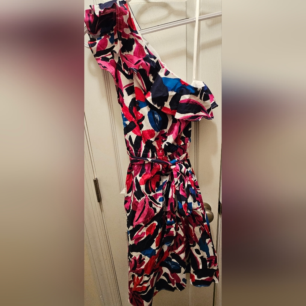 Donna Morgan multi printed one shoulder ruffle belted fit to flare dress